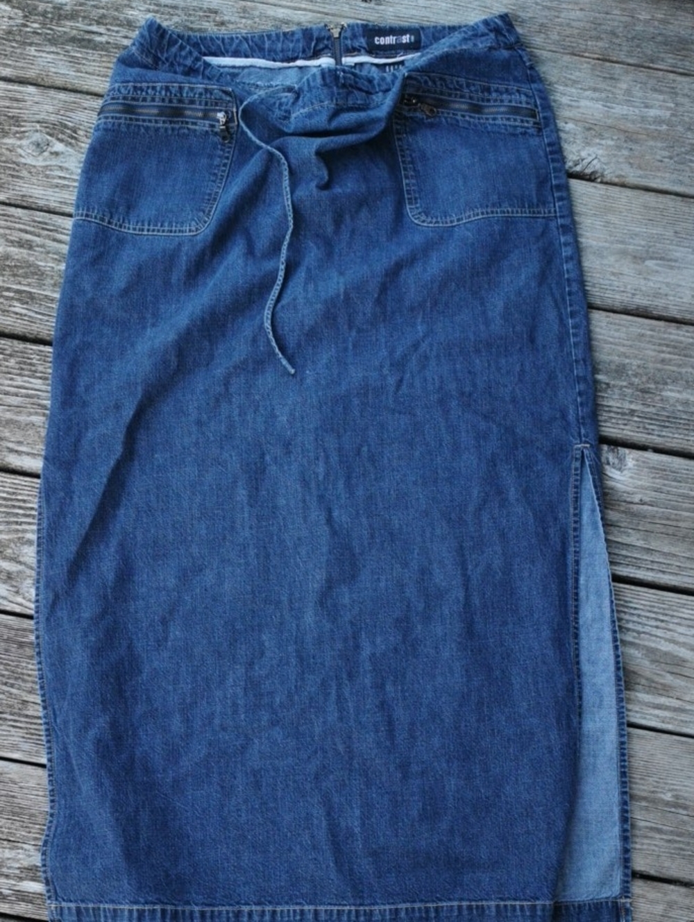 Rare 🌟VTG 90s Contrast Denim Maxi Skirt Drawstring Utility Zip Pockets Size 13